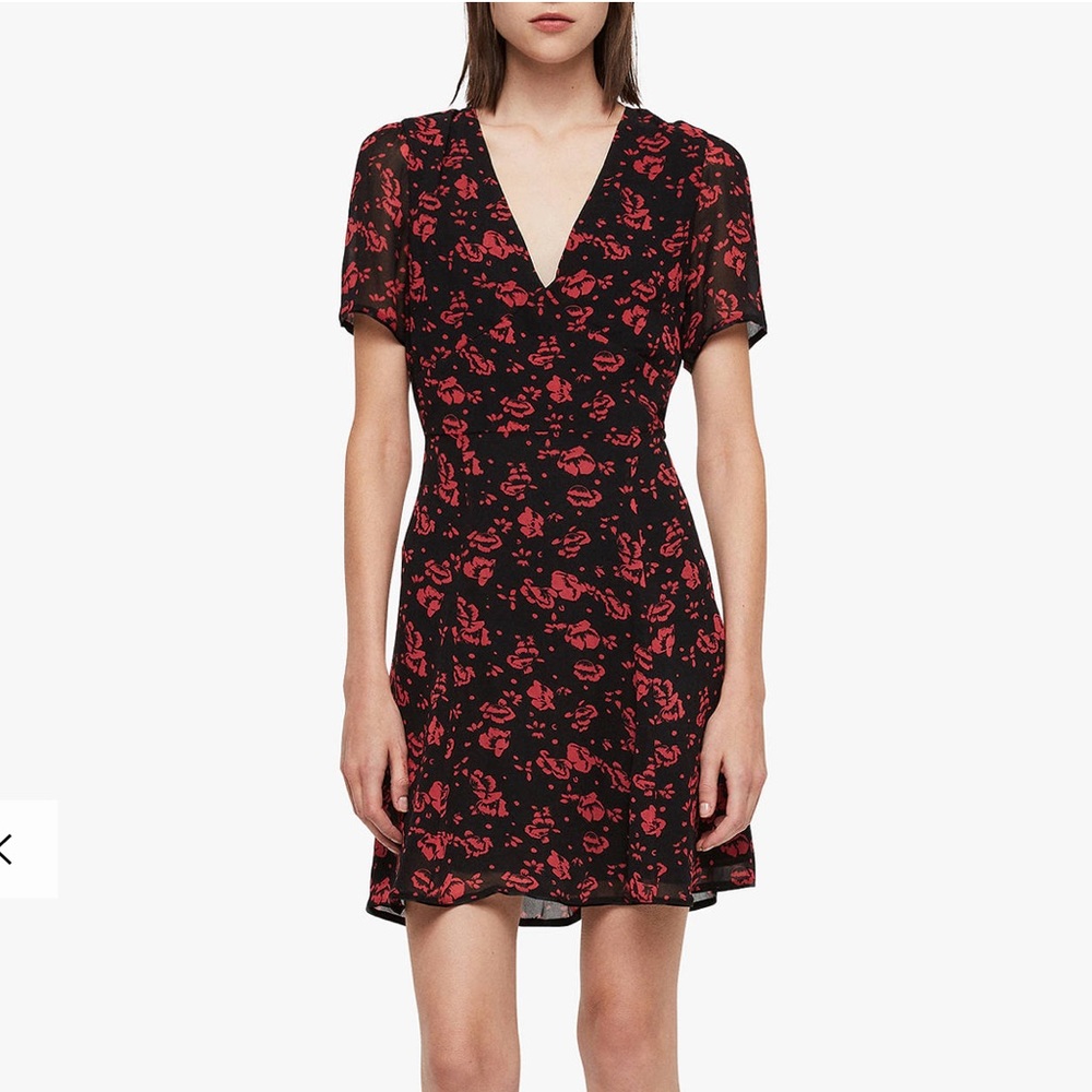 All Saints Luca Eira Red and Black Floral V Neck Dress
